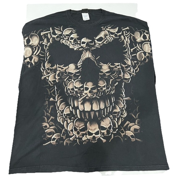 Rare Vintage 2006 Liquid Blue Skull Face Double sided Black T Shirt 6XL